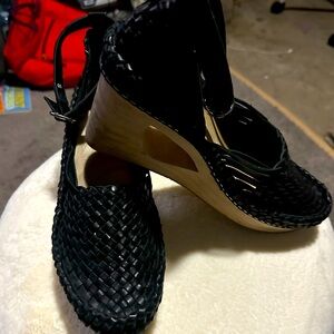 Free People| Black| Leather Woven Wedges| Size 10